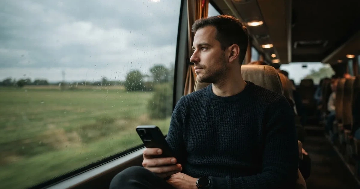 Férfi sötét pulóverben hosszú buszjáraton ül, kezében okostelefon, a kijelző nem látszik, az ablakon át mezők suhannak.