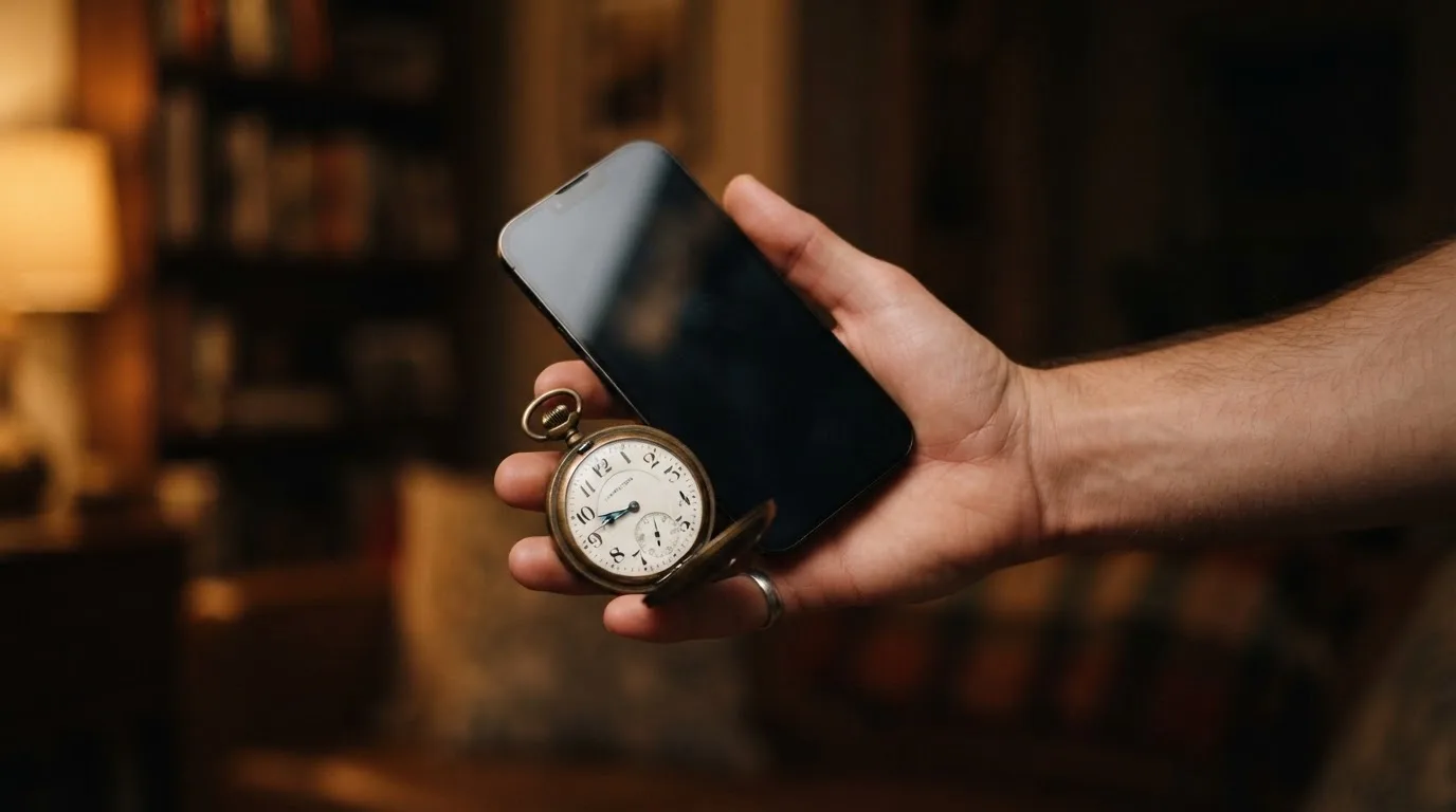 Zsebórát és telefont tartó kéz, a háttérben csendes szoba, a telefon kijelzője sötét, tudatos szünet hangulata.