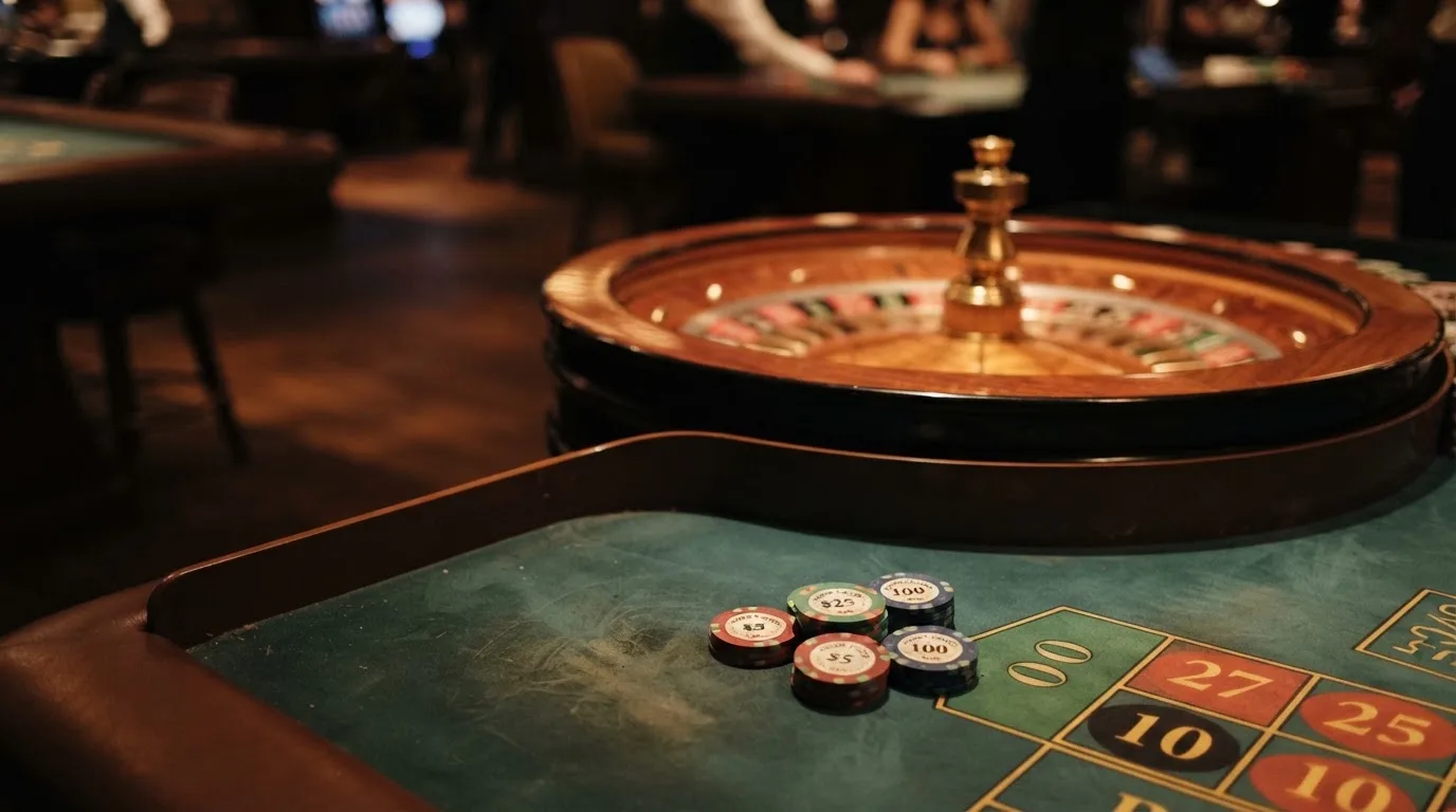Rulettkerék és zsetonok zöld posztón, meleg esti fényben — blackjack játék magyarországon