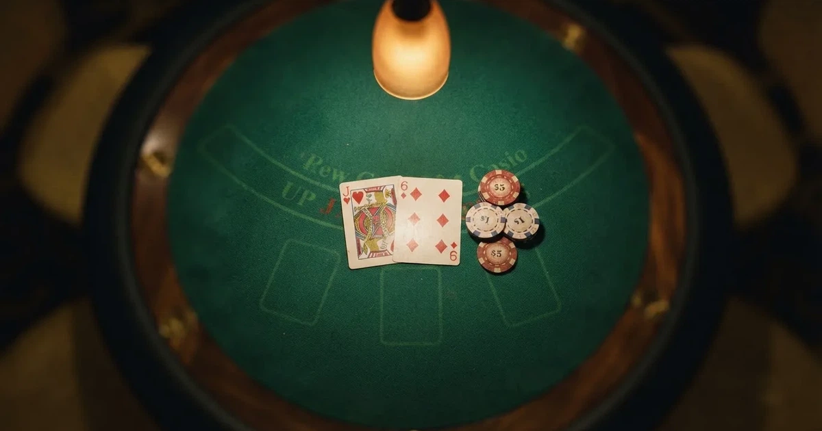 Megvilágított játékasztal kártyákkal, felülnézetből — blackjack játék magyarországon