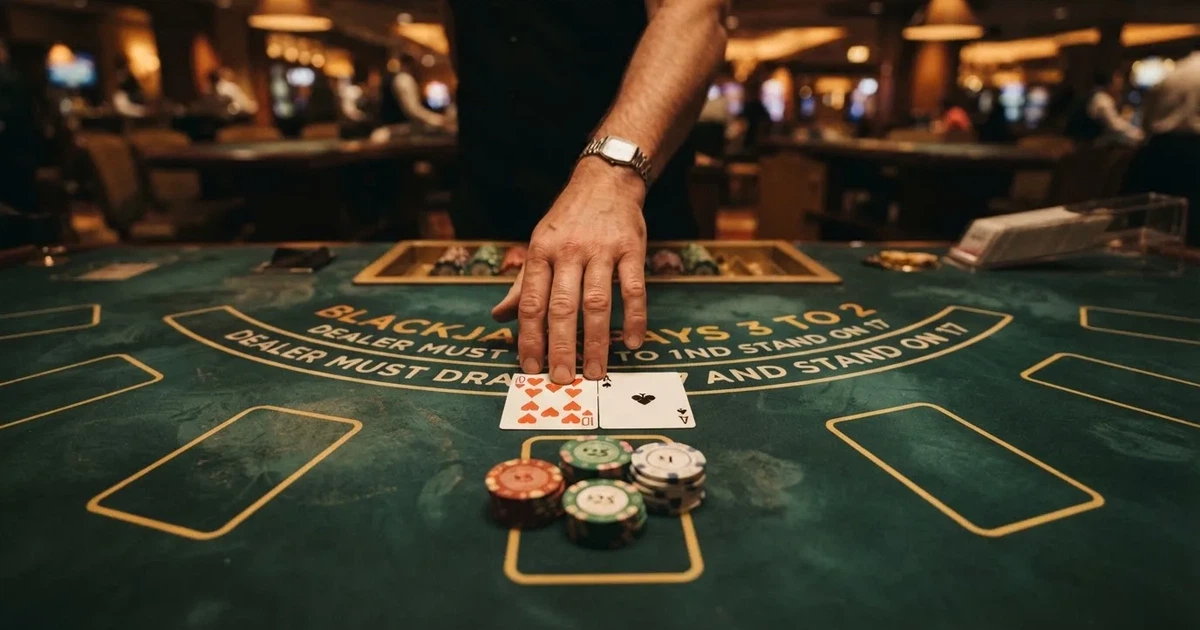 Megvilágított játékasztal kártyákkal, felülnézetből — blackjack szabályok magyaroknak