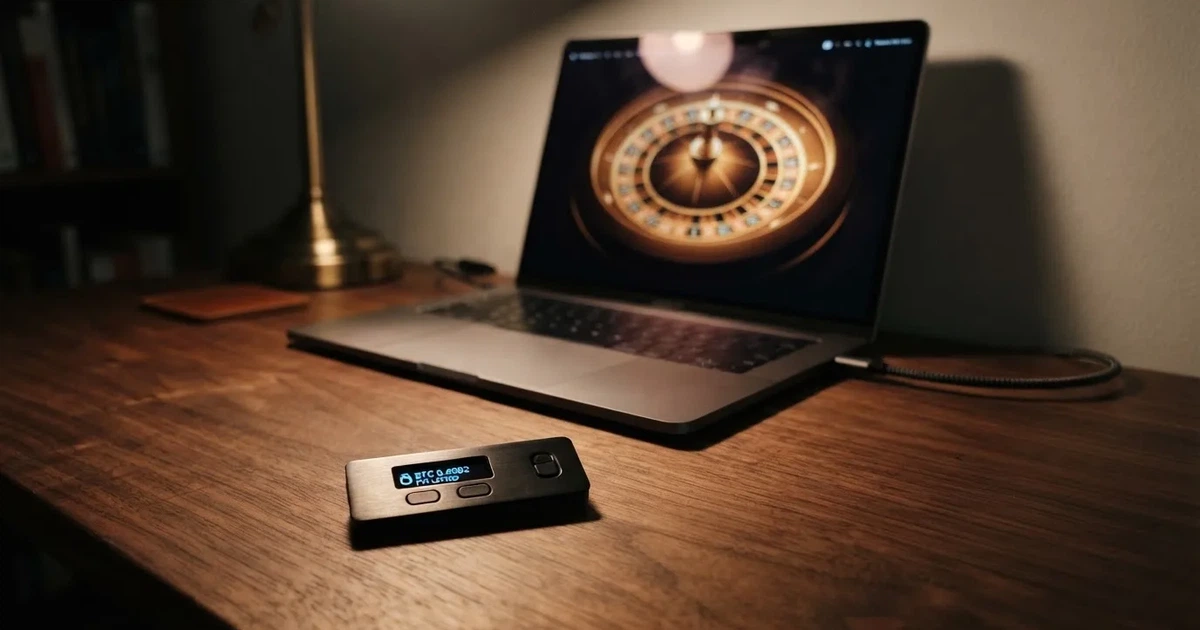 Hardveres tárca és laptop egy íróasztalon, tompa fényben — ethereum kaszinók magyarországon