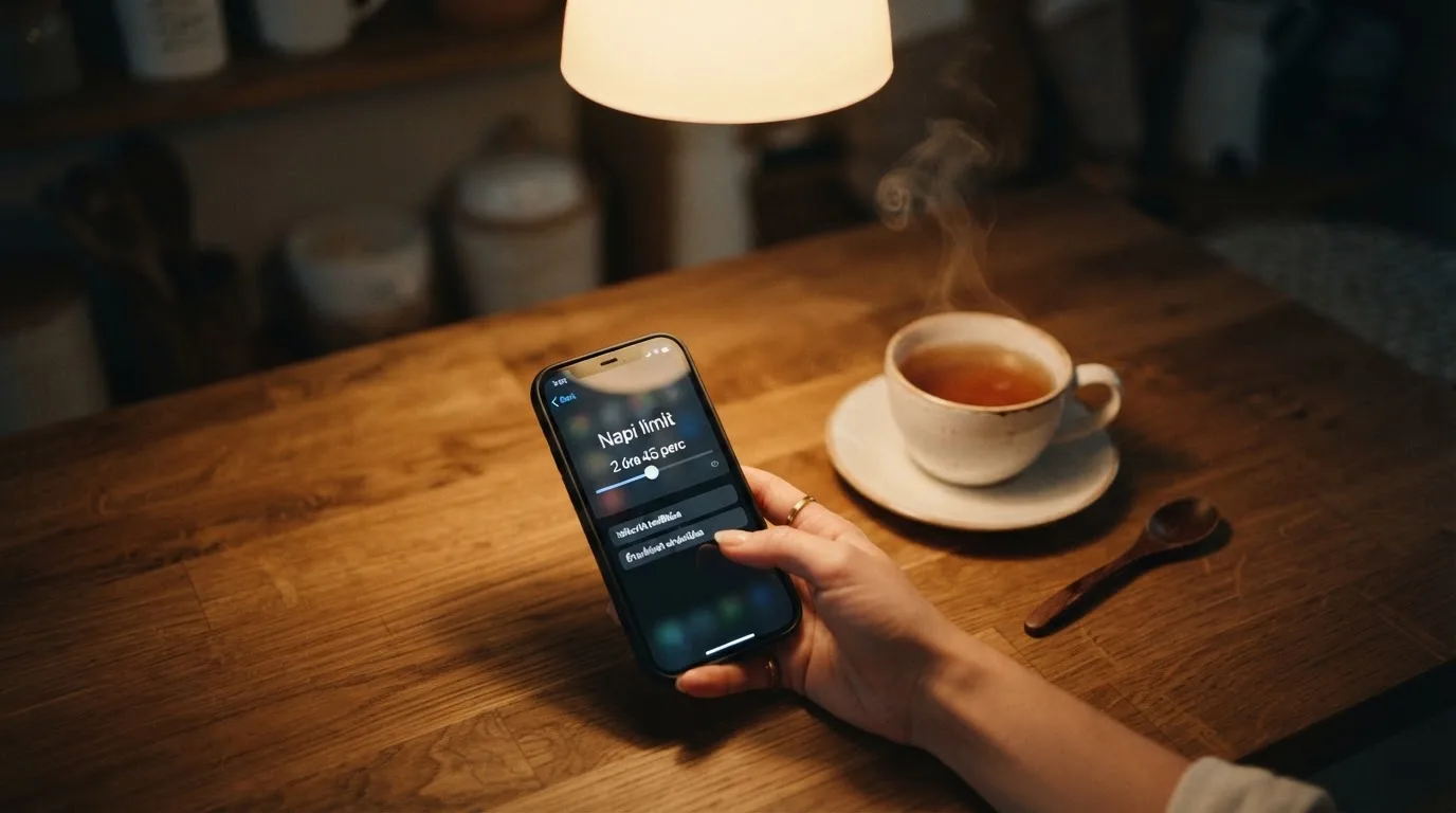 Kéz tart egy mobiltelefont egy csésze tea mellett a konyhaasztalon egy nyugodt estén — kaszinó szerencsejáték magyarországon