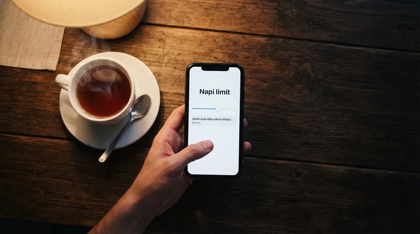 Kéz tart egy mobiltelefont egy csésze tea mellett a konyhaasztalon egy nyugodt estén — külföldi magyar kaszinók