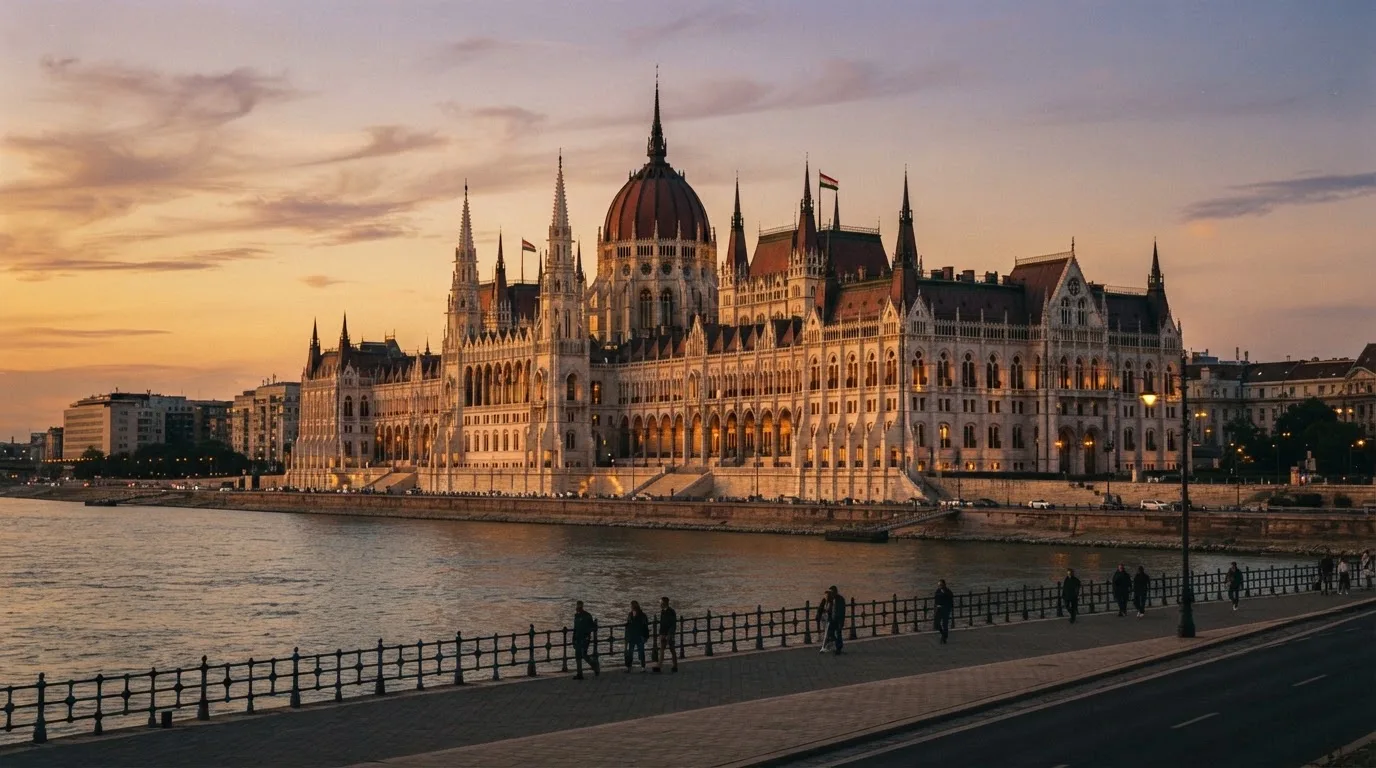 Budapesti hivatali épület homlokzata naplementében, a háttérben a Duna, járókelők a rakparton.