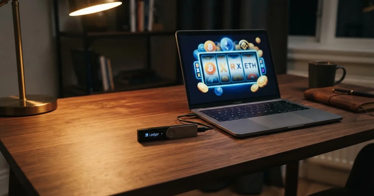 Hardveres tárca és laptop egy íróasztalon, tompa fényben — litecoin kaszinók magyarországon