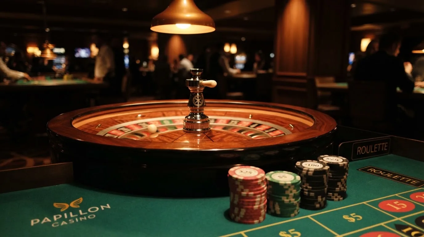 Rulettkerék és zsetonok zöld posztón, meleg esti fényben — magyar kaszinó blackjackkel