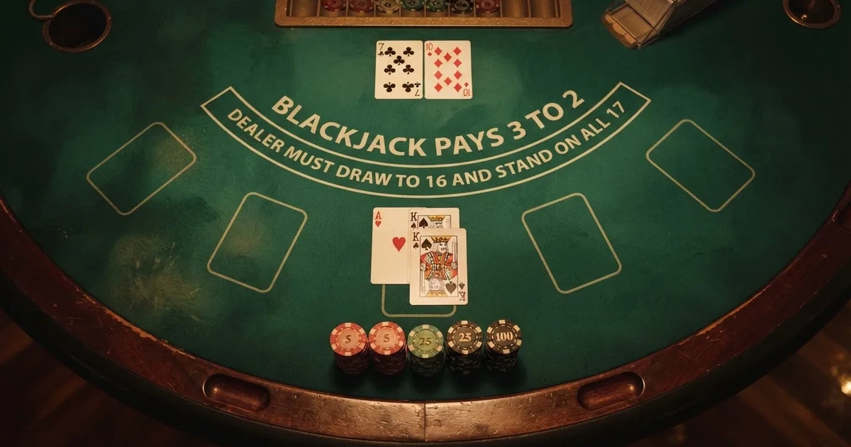 Megvilágított játékasztal kártyákkal, felülnézetből — magyar kaszinó blackjackkel