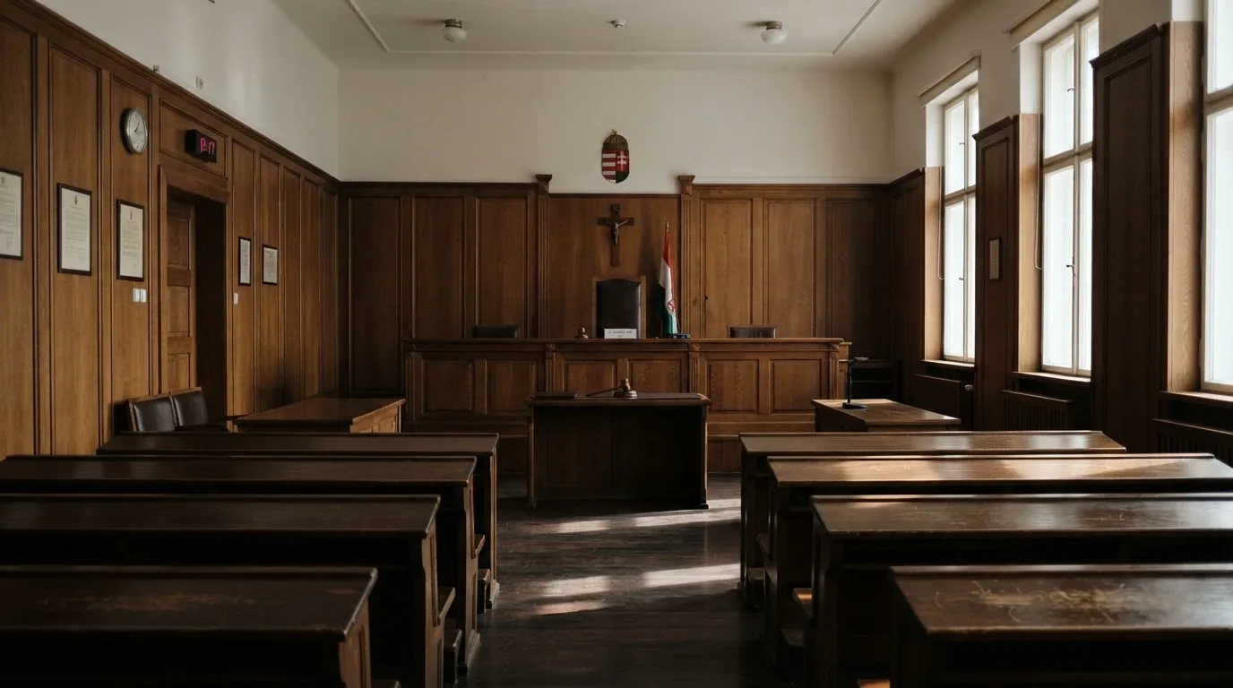 Üres tárgyalóterem faburkolattal, reggeli fényben — magyar kaszinó rulettel