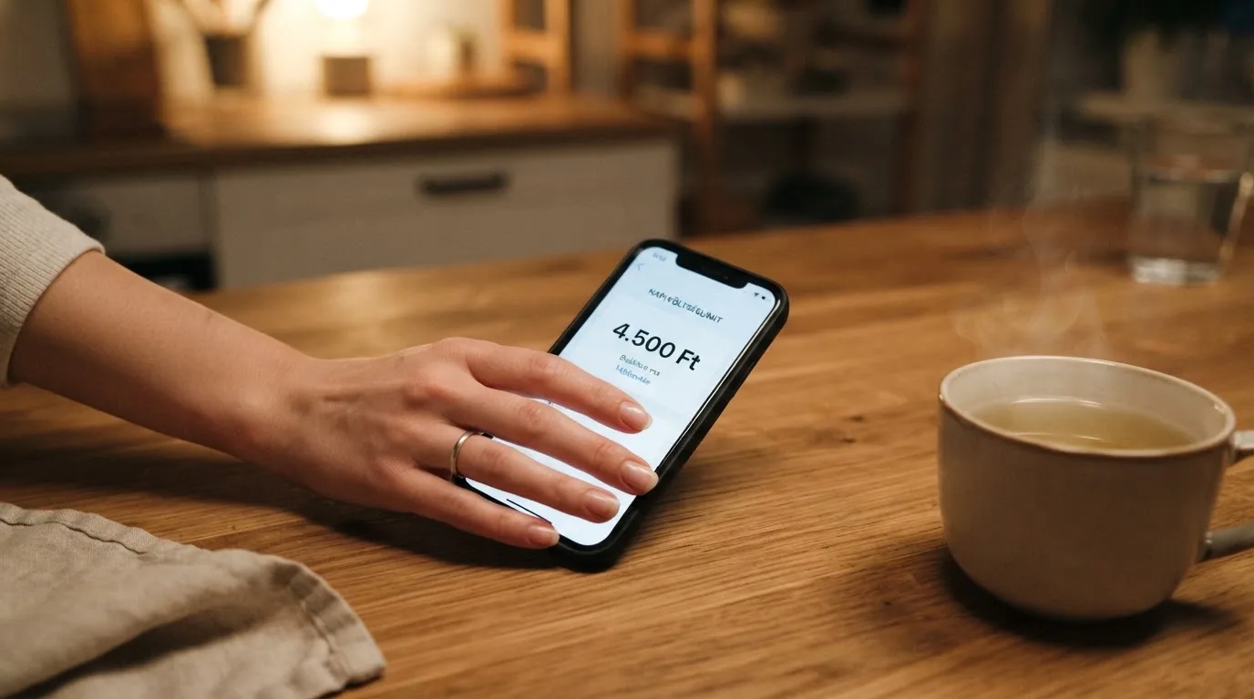 Kéz tart egy mobiltelefont egy csésze tea mellett a konyhaasztalon egy nyugodt estén — magyar kaszinók listája