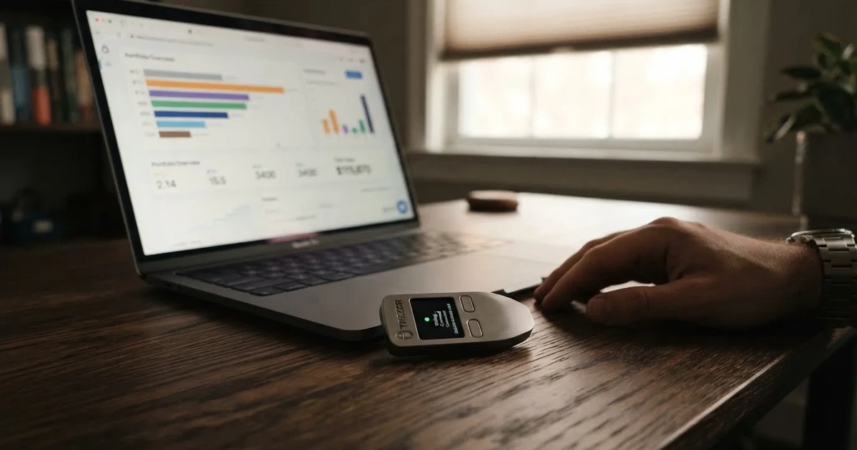 Hardveres tárca és laptop egy íróasztalon, tompa fényben — magyar kaszinók regisztráció nélkül