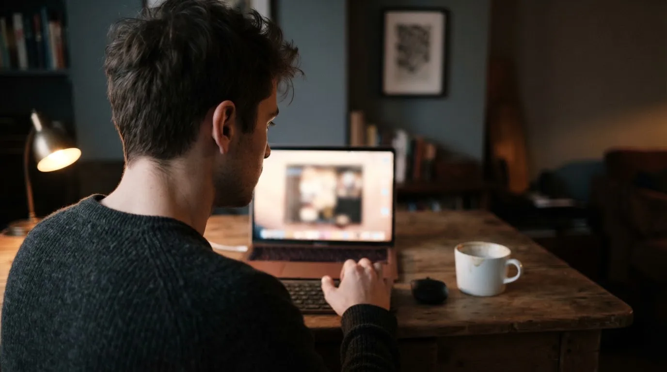 Fiatal férfi laptop előtt ül egy esti szobában, a kijelző nem látszik, kávéscsésze az asztalon, koncentrált arc.