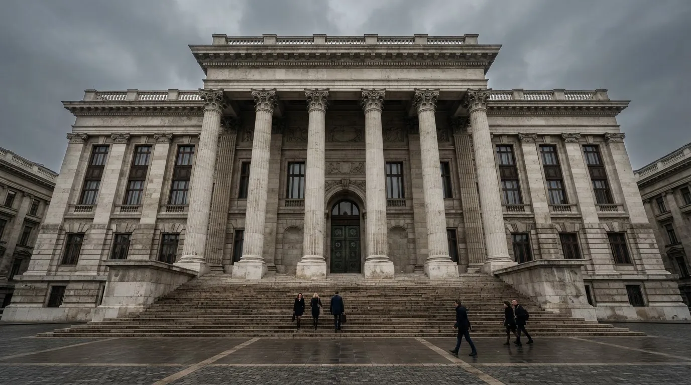Szigorú, kőoszlopos állami épület és előtte sétáló emberek Budapesten egy borongós délelőttön, felirat és címer nélkül.