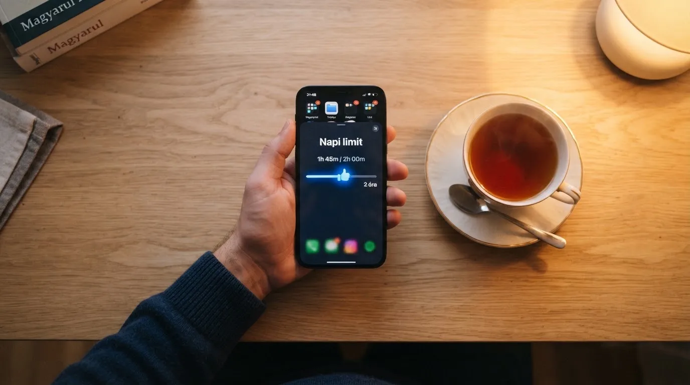 Kéz tart egy mobiltelefont egy csésze tea mellett a konyhaasztalon egy nyugodt estén — megbízható magyar kaszinók