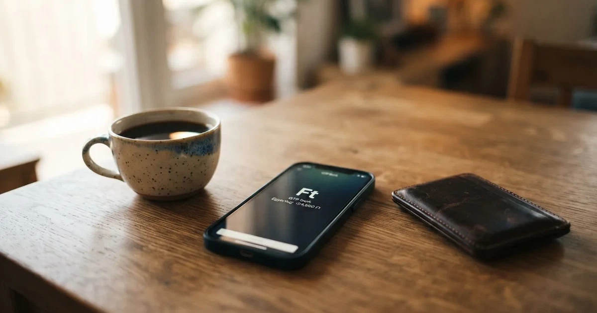 Mobiltelefon egy fa asztalon egy pénztárca és egy csésze kávé mellett — minimális befizetés kaszinók