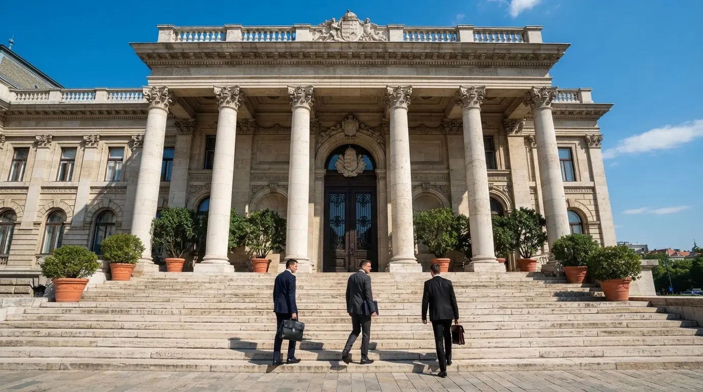 Budapesti hivatali épület oszlopos bejárata napsütésben, a lépcsőn öltönyös emberek haladnak.