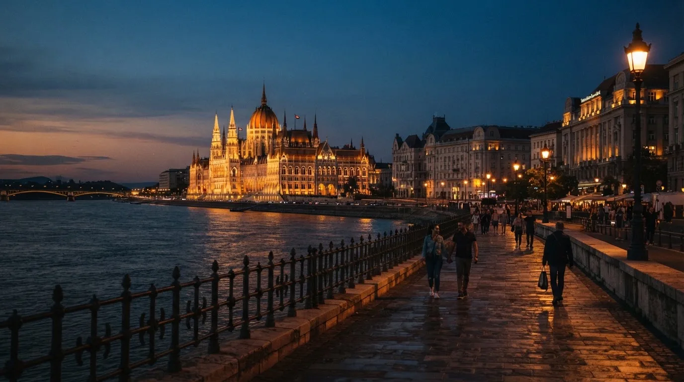 Budapesti belváros esti látképe a Duna-parttal és a Parlament sziluettjével, járókelők a rakparton, megvilágított hivatali épületek.