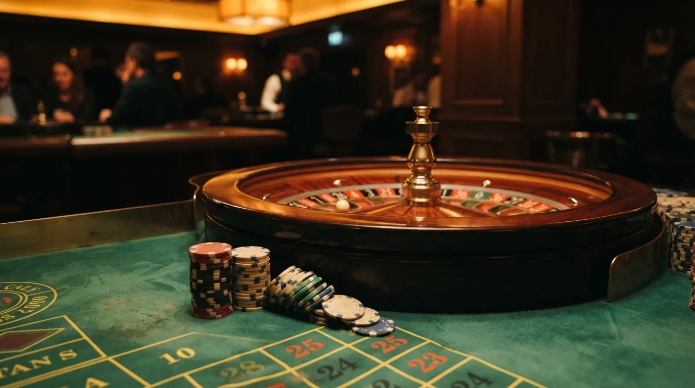 Rulettkerék és zsetonok zöld posztón, meleg esti fényben — slots kaszinó magyarországon