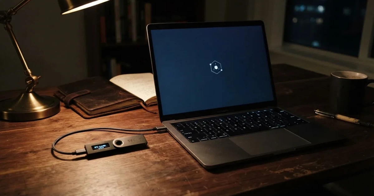 Hardveres tárca és laptop egy íróasztalon, tompa fényben — tron kaszinók magyarországon
